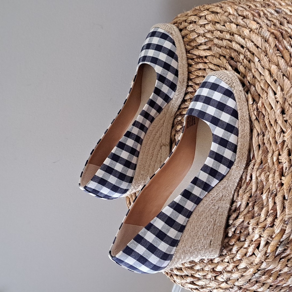 J.Crew Factory Womens Blue/Cream Gingham Print Wedge Espadrilles 3.25" Heels S-9